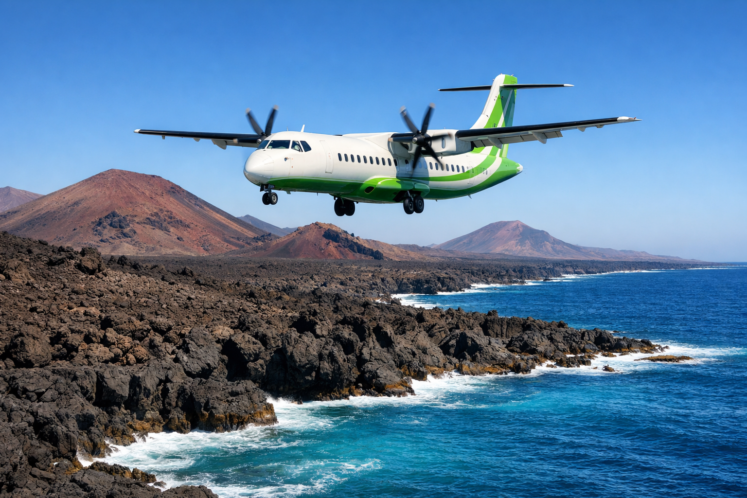Binter Canarias turboprop aircraft flying over volcanic Lanzarote coastline